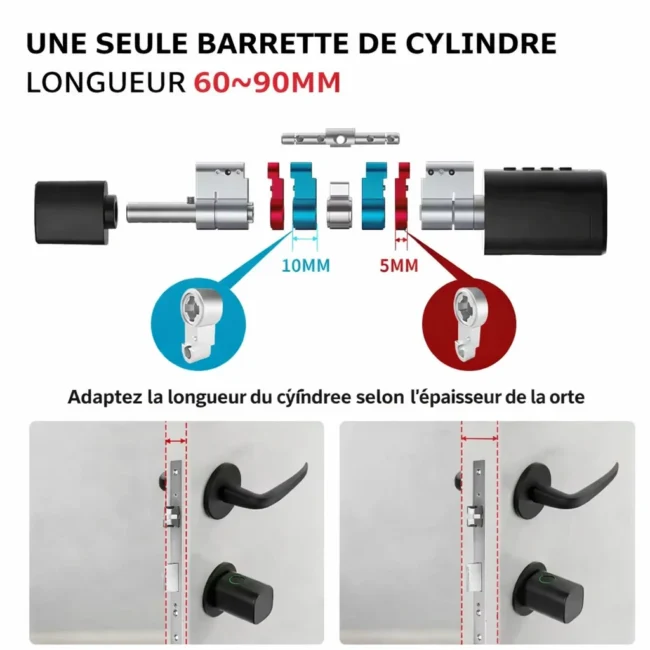 Serrure connectée avec cylindre ajustable 60 à 90 mm adaptable selon l’épaisseur de la porte